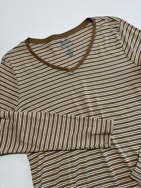 Croft & Barrow Brown & White Stripes Fall Earth Tone Cotton Long Sleeve V-Neck